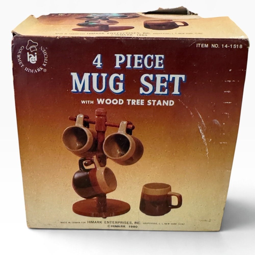 Vintage 1980 Himark 4 Piece Mug Set with Wood Tree Stand Brown Glazed NOS